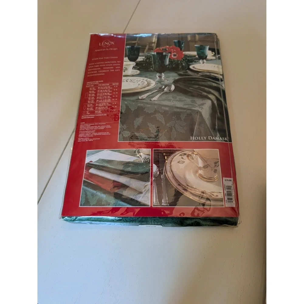 Lenox Tablecloth 70 Inch Round‎ Green Holly Damask Christmas Holiday Jacquard